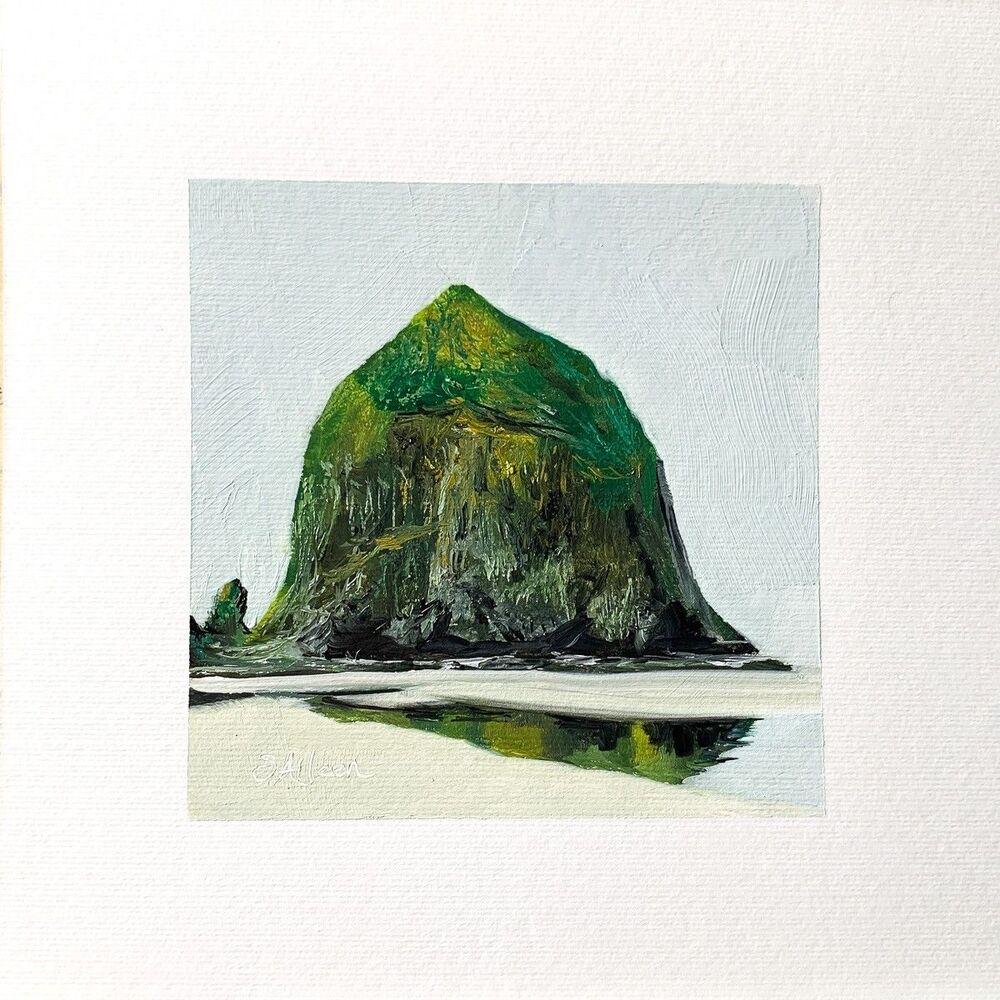 8x8 Oregon Original Oil Painting Cannon Beach Haystack Rock Seascape Art Signed